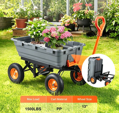 1,500‑Lb Heavy‑Duty Garden Dump Cart with 2‑in‑1 Convertible Handle & 13" All‑Terrain Wheels