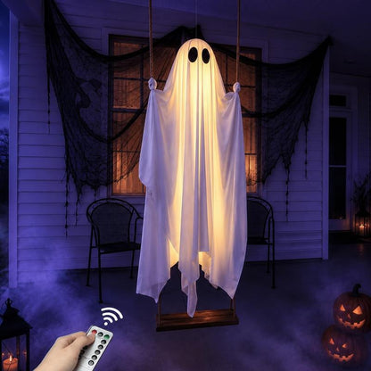 5FT Large Hanging Swing Ghost Halloween Outdoor Decor | Scary Spooky Ghost with Remote‑Control LED Lights, Tree Porch Yard Garden Lawn Halloween Party Ornament