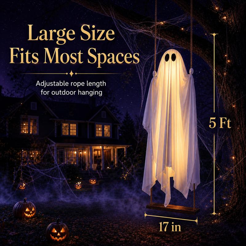 5FT Large Hanging Swing Ghost Halloween Outdoor Decor | Scary Spooky Ghost with Remote‑Control LED Lights, Tree Porch Yard Garden Lawn Halloween Party Ornament