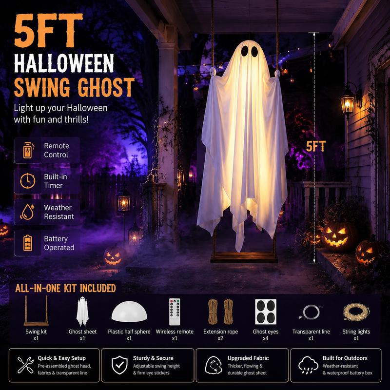 5FT Large Hanging Swing Ghost Halloween Outdoor Decor | Scary Spooky Ghost with Remote‑Control LED Lights, Tree Porch Yard Garden Lawn Halloween Party Ornament