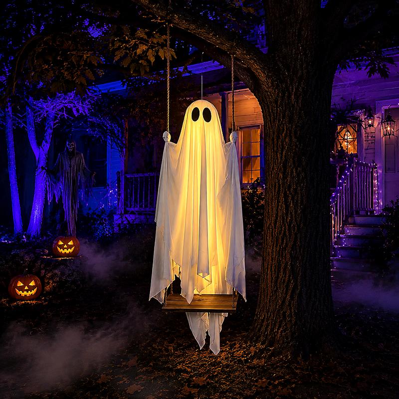 5FT Large Hanging Swing Ghost Halloween Outdoor Decor | Scary Spooky Ghost with Remote‑Control LED Lights, Tree Porch Yard Garden Lawn Halloween Party Ornament