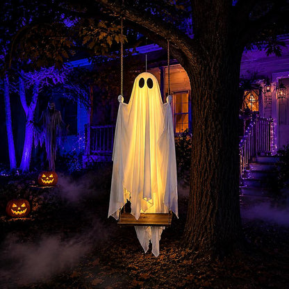 5FT Large Hanging Swing Ghost Halloween Outdoor Decor | Scary Spooky Ghost with Remote‑Control LED Lights, Tree Porch Yard Garden Lawn Halloween Party Ornament