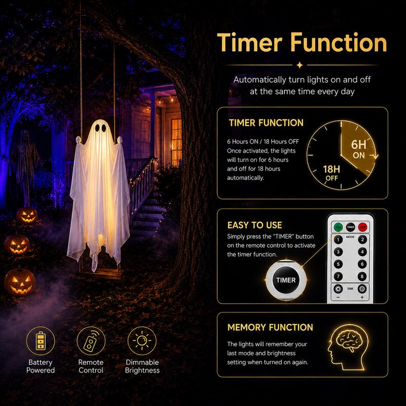 5FT Large Hanging Swing Ghost Halloween Outdoor Decor | Scary Spooky Ghost with Remote‑Control LED Lights, Tree Porch Yard Garden Lawn Halloween Party Ornament
