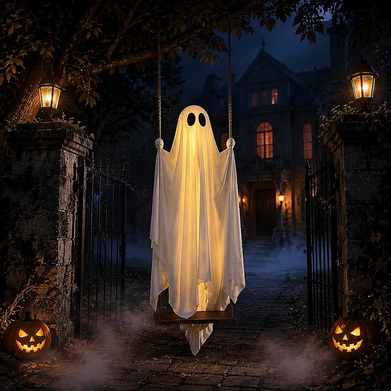 5FT Large Hanging Swing Ghost Halloween Outdoor Decor | Scary Spooky Ghost with Remote‑Control LED Lights, Tree Porch Yard Garden Lawn Halloween Party Ornament