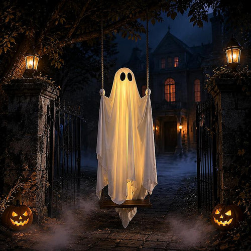 5FT Large Hanging Swing Ghost Halloween Outdoor Decor | Scary Spooky Ghost with Remote‑Control LED Lights, Tree Porch Yard Garden Lawn Halloween Party Ornament